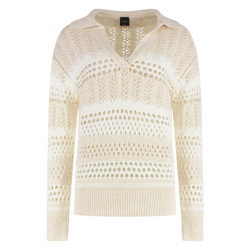 Pinko Women's White V-Neck Knitwear, M, Gorzano Cotton-Linen Jumper