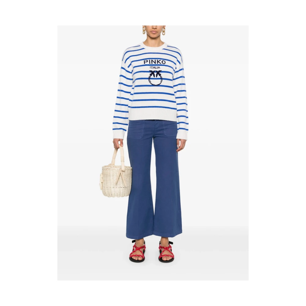 pinko Jacquard Logo Crew Neck Sweater White Dames