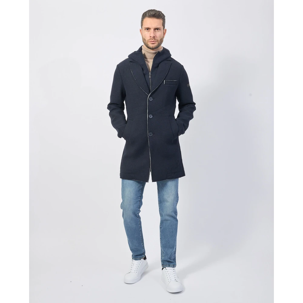 YES ZEE Blauwe Neopreen Wollen Jas met Capuchon Blue Heren