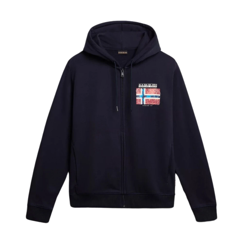 Napapijri Men's Blue Cotton Hoodie With Full Zip - Zip-Throughs - S - Sweatshirts & Hoodies