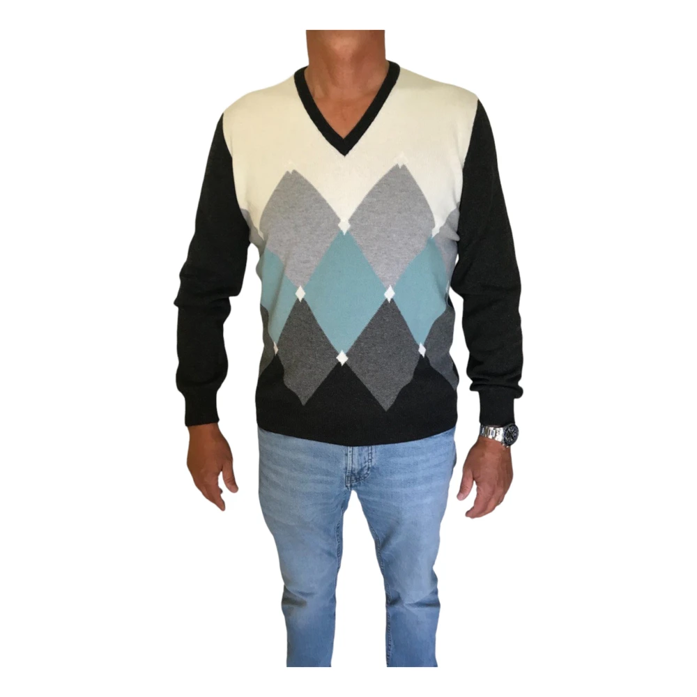 Gran Sasso Contrast Diamond V-Hals Sweaters Black Heren