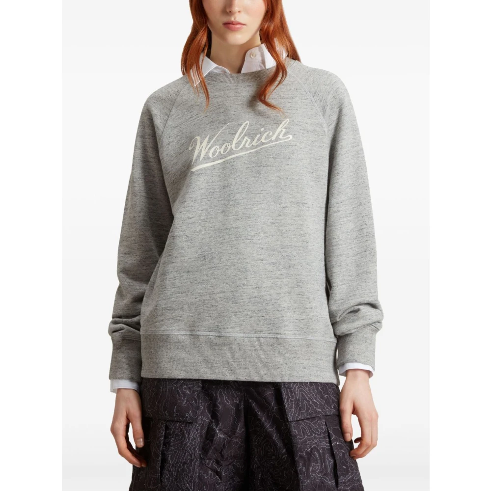 Woolrich Grijze Crew Neck Sweater met Logo Print Gray Dames