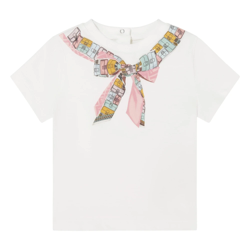 Fendi Girls White Kids Short Sleeve T-Shirts, 12 M, Trompe L'oeil Bow Print T-Shirt