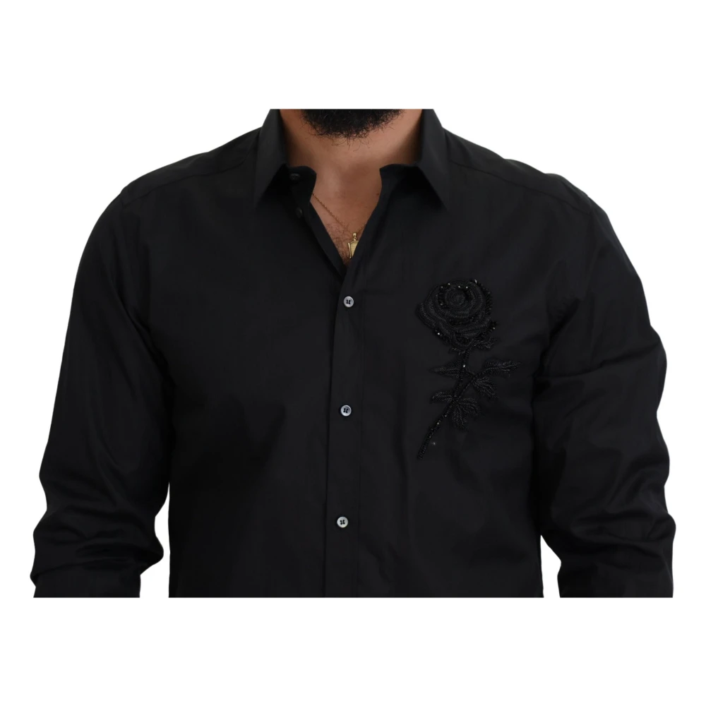 Dolce & Gabbana Zwarte rozen Slim Fit katoenen overhemd Black Heren