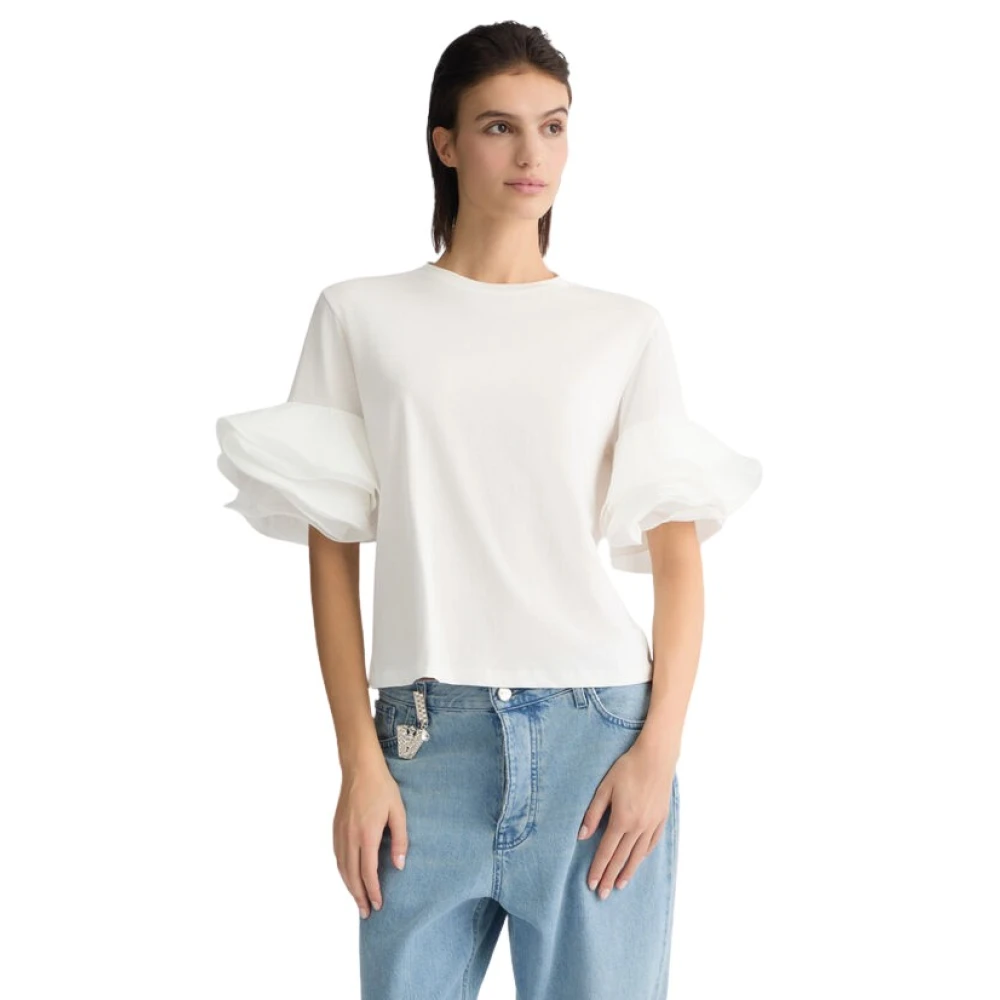 Liu Jo Women's White Jersey T-Shirt With Taffeta Ruffles Extra Small