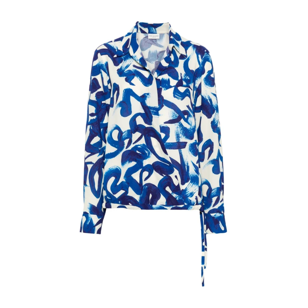 Dries Van Noten Blauw Wit Wrap Shirt Handgeschilderd Print Blue Dames