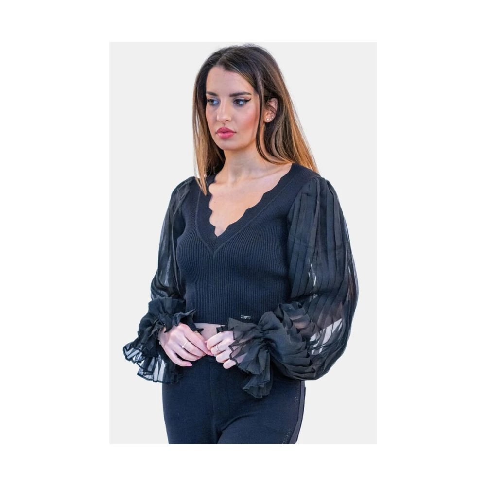 Fracomina Geribbelde Crop Sweater met V-hals Black Dames