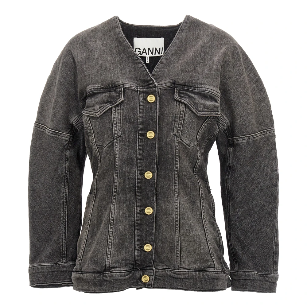 Ganni Zwarte Denim V-Hals Blazer Jas Black Dames