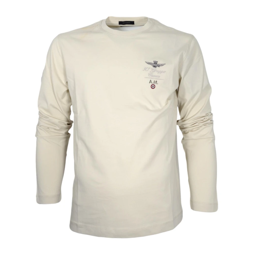 Aeronautica militare Lange Mouw Geborduurd Jersey T-Shirt Ivoor Beige Heren