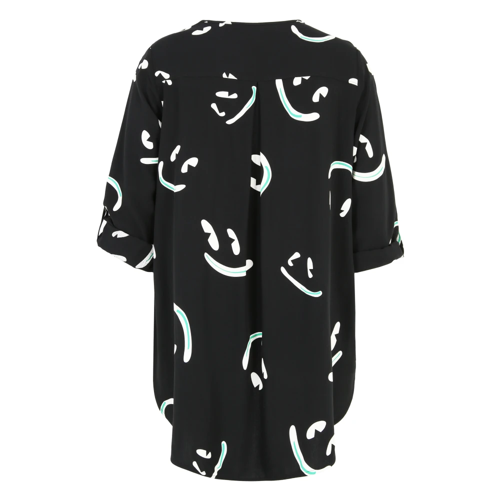 Doris S Smiley Print Lange Blouse met Groene Accents Black Dames