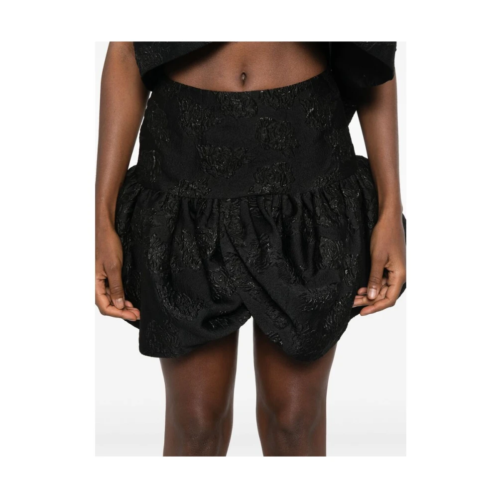 Rotate Birger Christensen Zwarte Jacquard Rok met Bloemmotief en Ballonmodel Black Dames