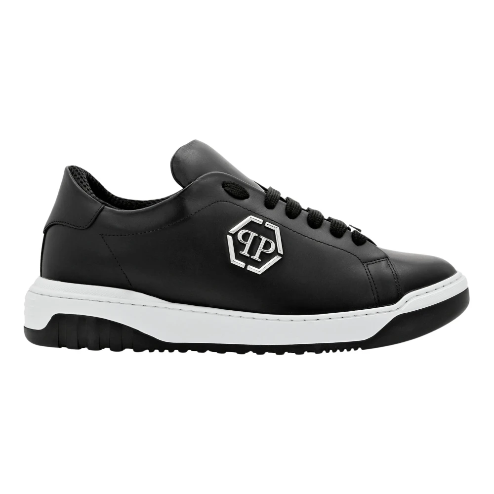 Philipp Plein Leather Lo-Top Sneakers Skull&Bones Heren Schoenen Zwart