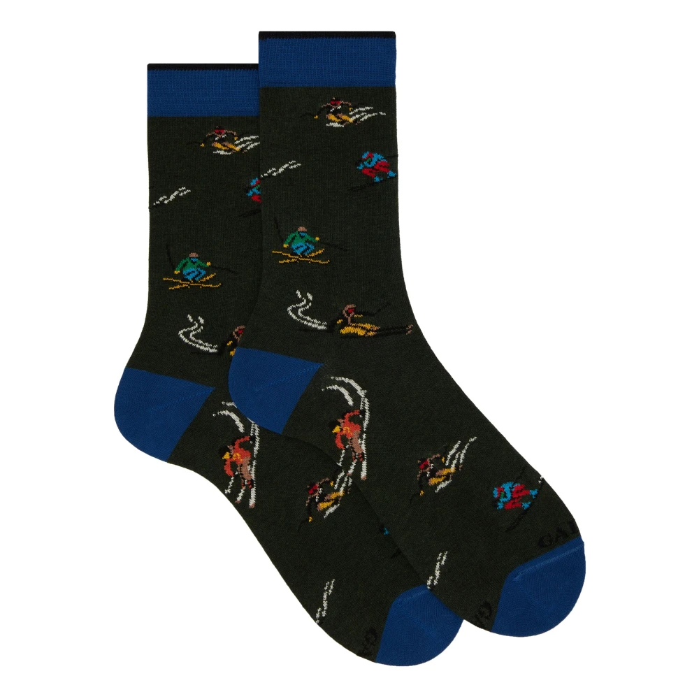 Gallo Groene Korte Katoenen Sokken met Skiër Motief Multicolor Dames