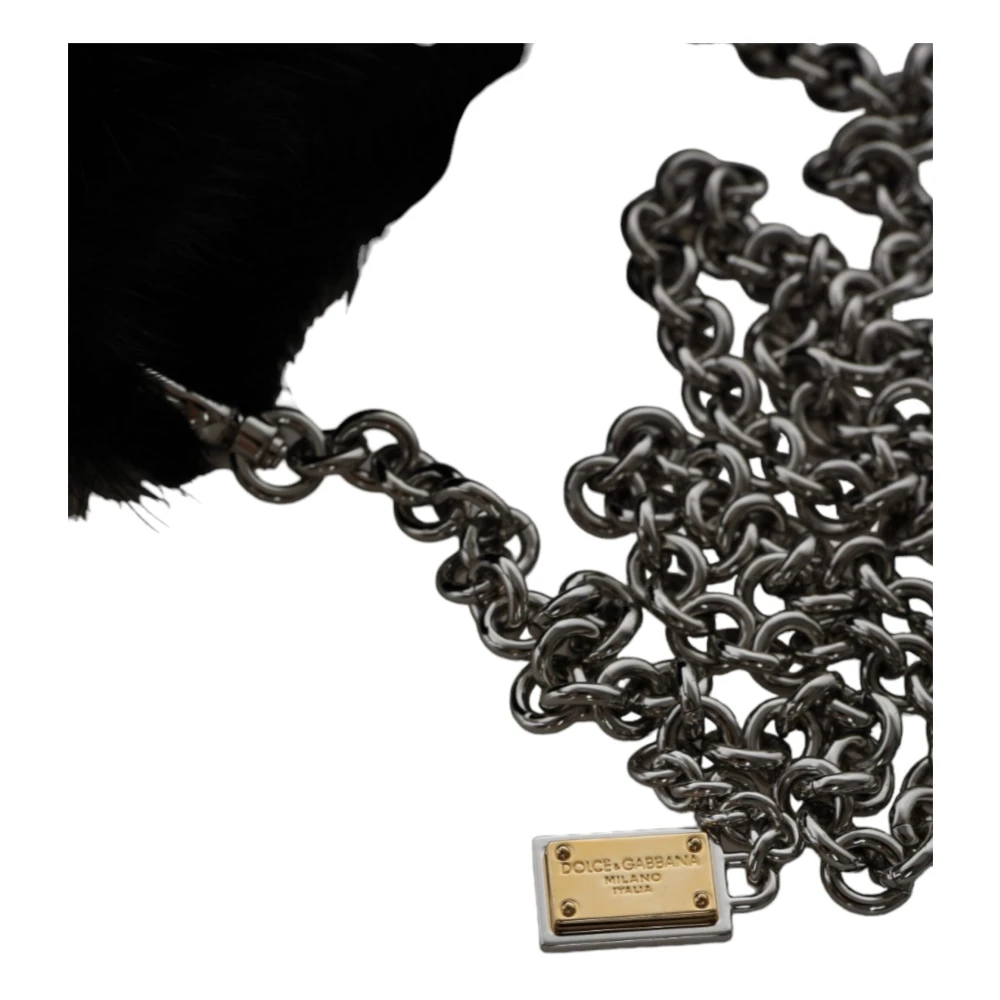 Dolce & Gabbana Zwarte Nepbont Zilveren Ketting Crossbody Handtas Black Dames
