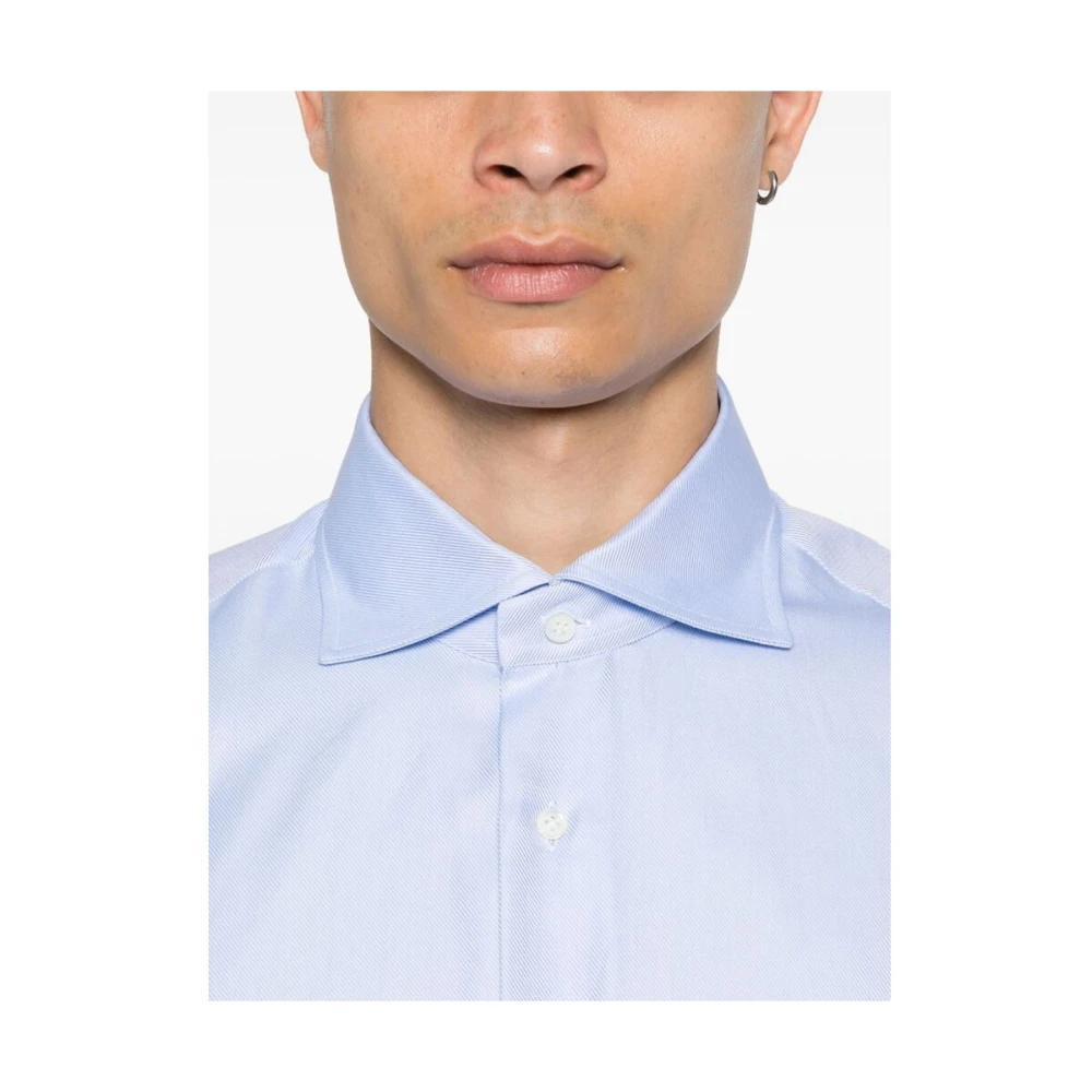 Mazzarelli Lichtblauw Katoenen Twill Overhemd Blue Heren