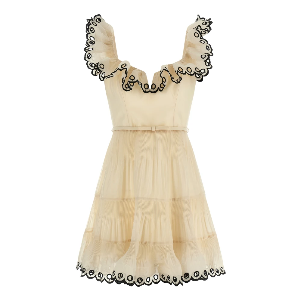 Zimmermann Women's Beige Short Dresses, M, Embroidered Frilled Mini Dress