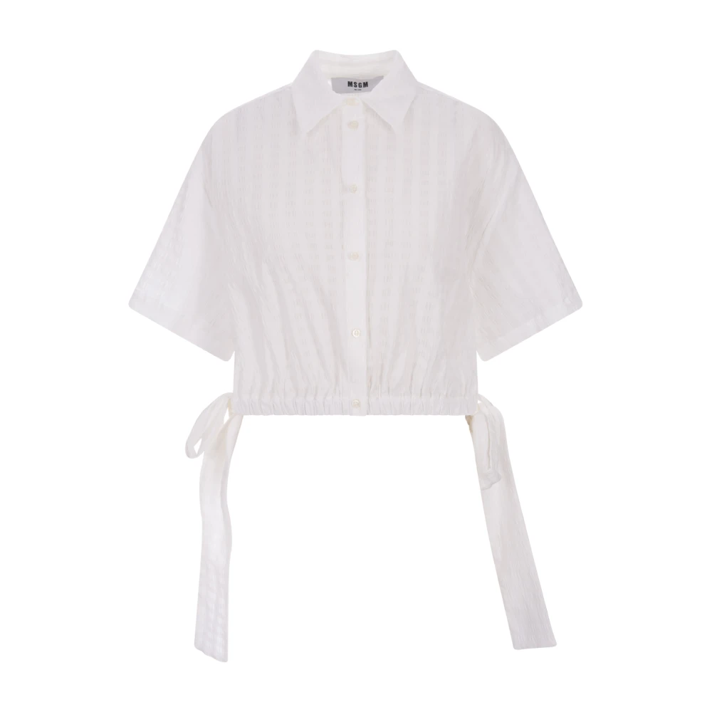 Msgm Witte Seersucker Crop Shirt Klassieke Kraag White Dames