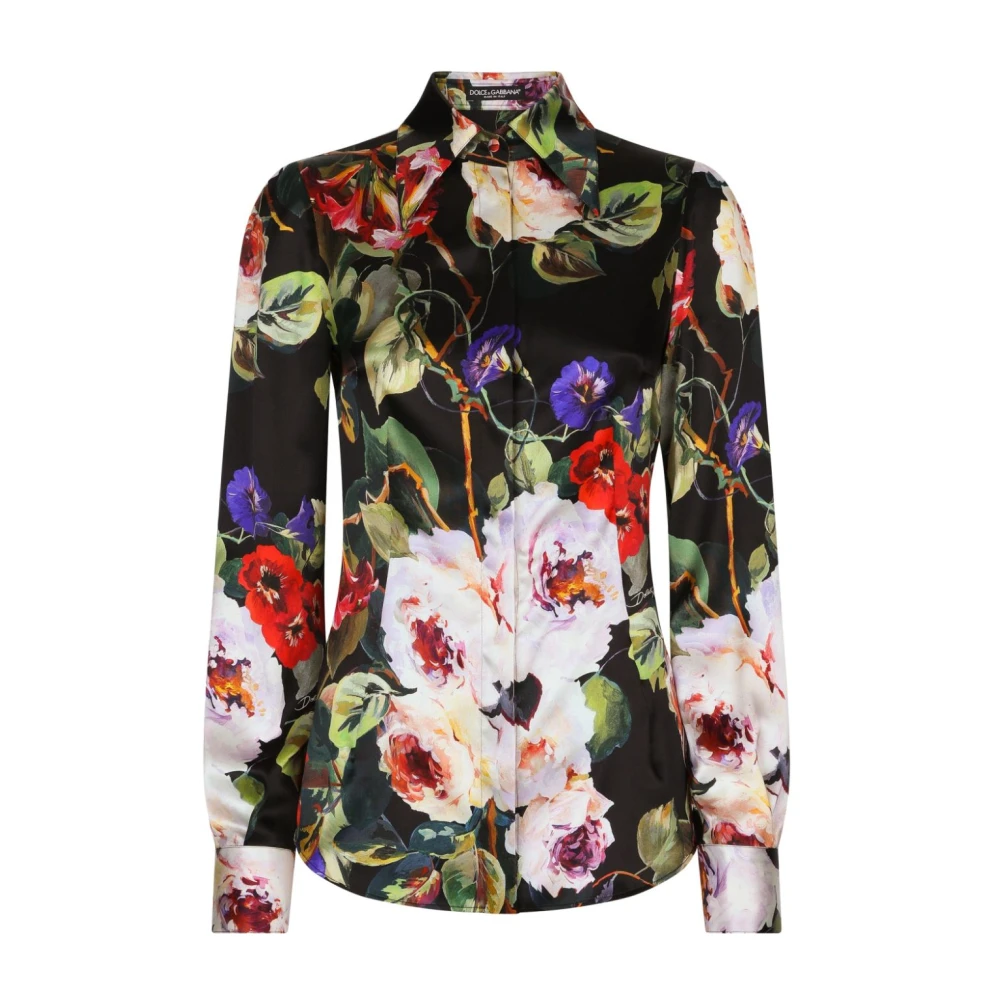Dolce & Gabbana Rose Garden Satijnen Overhemd met Italiaanse Kraag Multicolor Dames