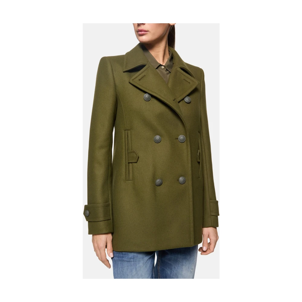 Dondup Dubbelrijige Peacoat met Cashmere Detail Green Dames