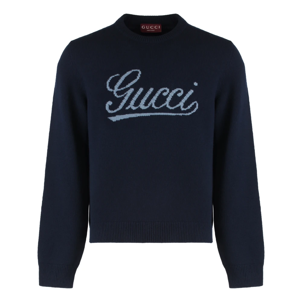 Gucci Men's Blue Round-Neck Knitwear, S, Knit Wool Jumper With Intarsia