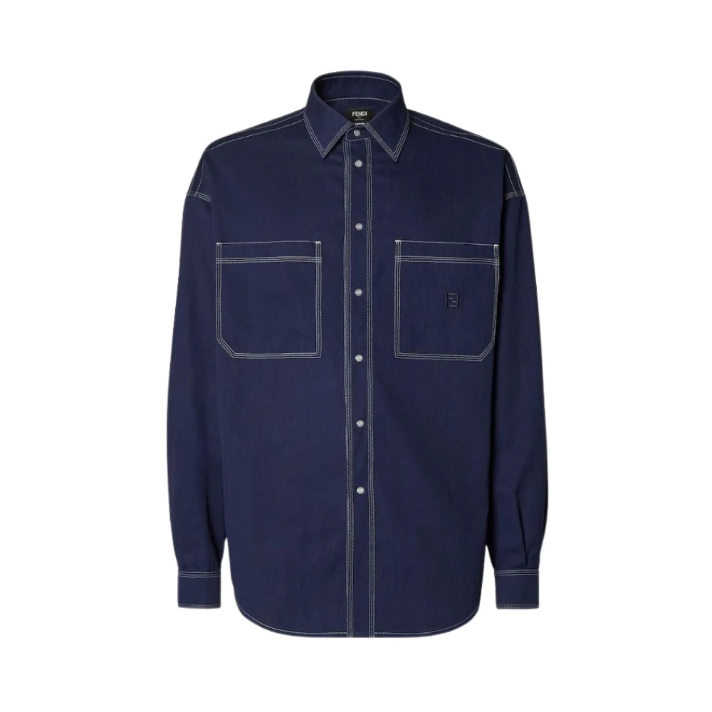 Fendi Cotton Shirt With Contrasting Stitching - Male - Casual Shirts - Blue - S - Shirts