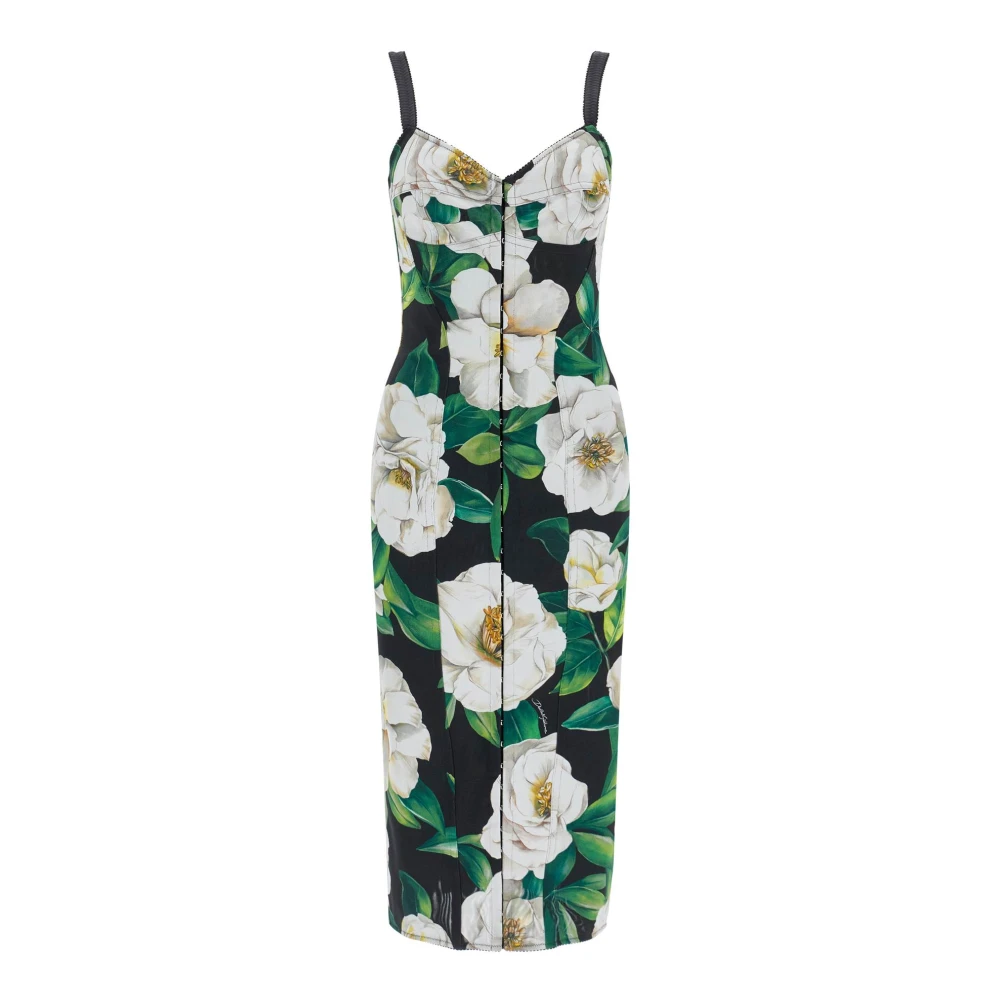 Dolce & Gabbana Elegante Zwarte Bloemen Midi Jurk Multicolor Dames