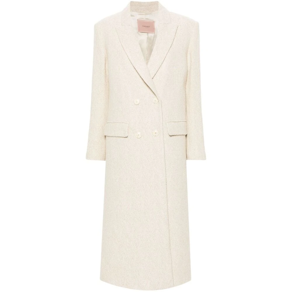 Twinset Herringbone Peak Lapel Coat Beige Dames