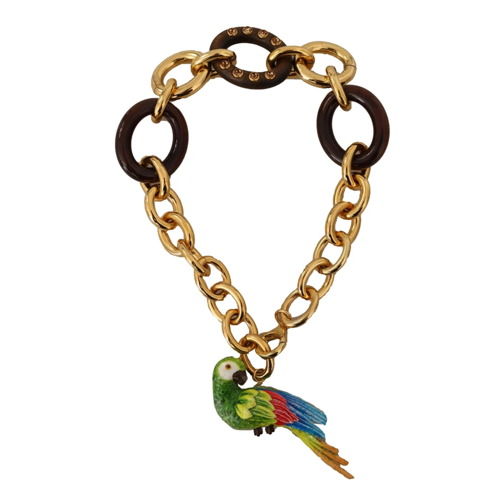 Dolce & Gabbana Gold Brass Chain Crystal Pearl Parrot Pendant Necklace Gul Dam