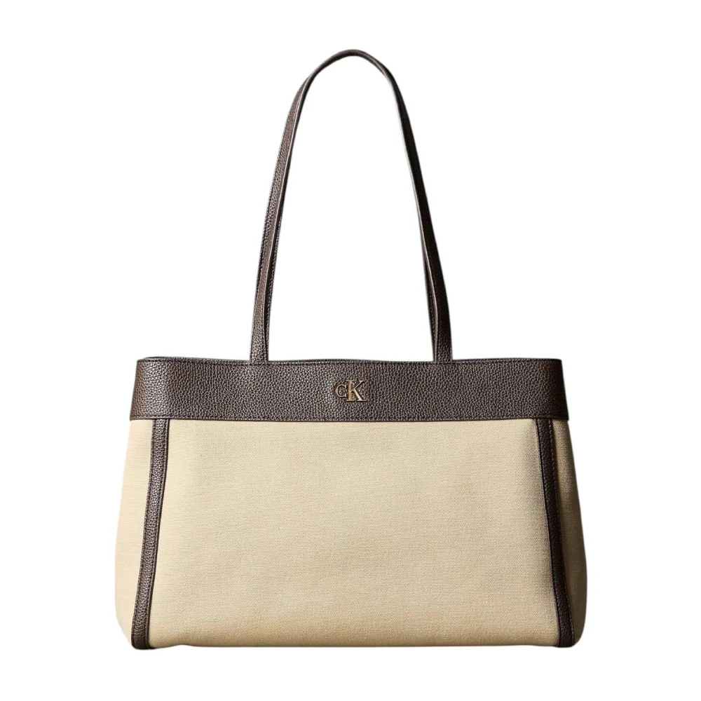 Calvin Klein Women's Beige Monogram Canvas Medium Tote - Shopping Bags - One Size - Bags
