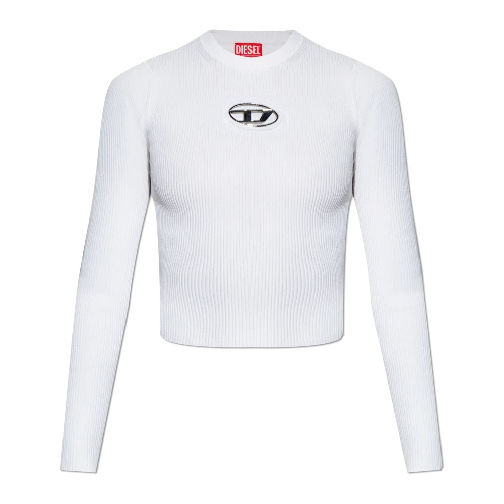 Diesel Geribbelde Viscose Sweater met Metalen Logo White Dames