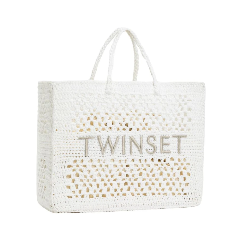 Twinset Handgemaakte gehaakte katoenen shopper tas met verwijderbare binnenzak White Dames