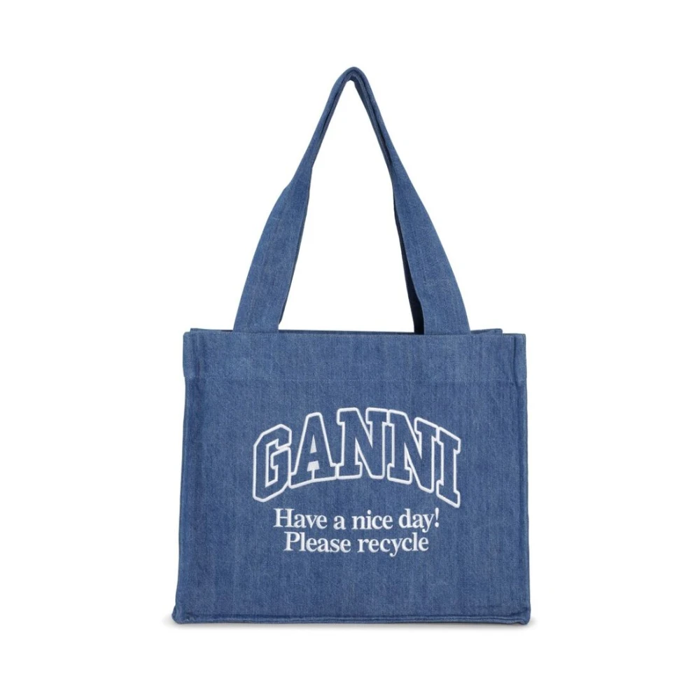 Ganni Indigo Blauwe Denim Tas met Geborduurd Logo en Slogan Blue Dames