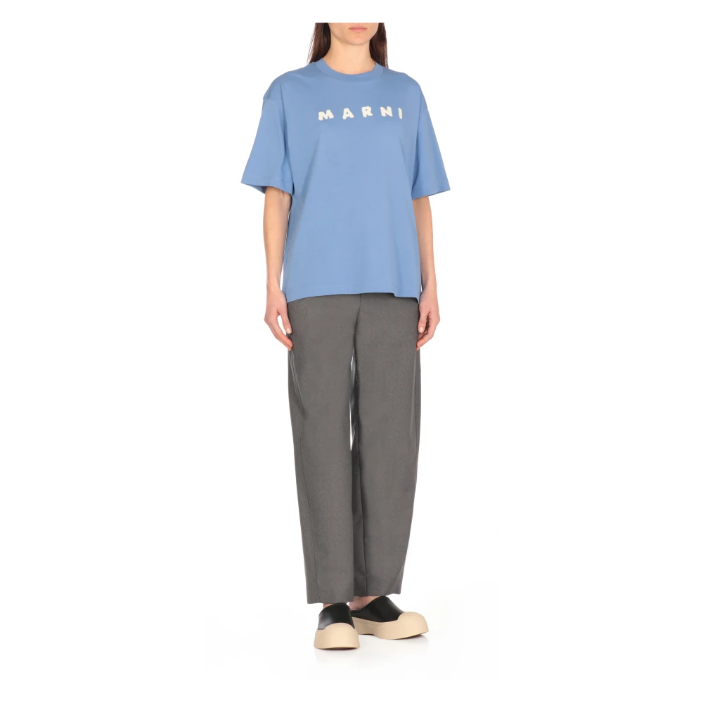 Marni Blauw Katoenen T-shirt met Logo Blue Dames