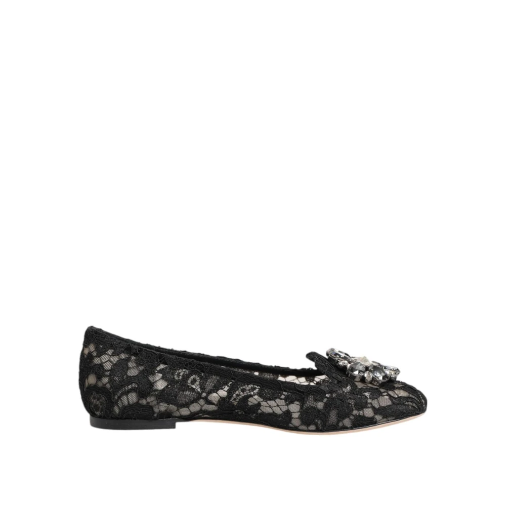 Dolce & Gabbana Women's Multicolor Ballerina Shoes, 4 Uk, Lace Flats With Crystal Flower Decoration