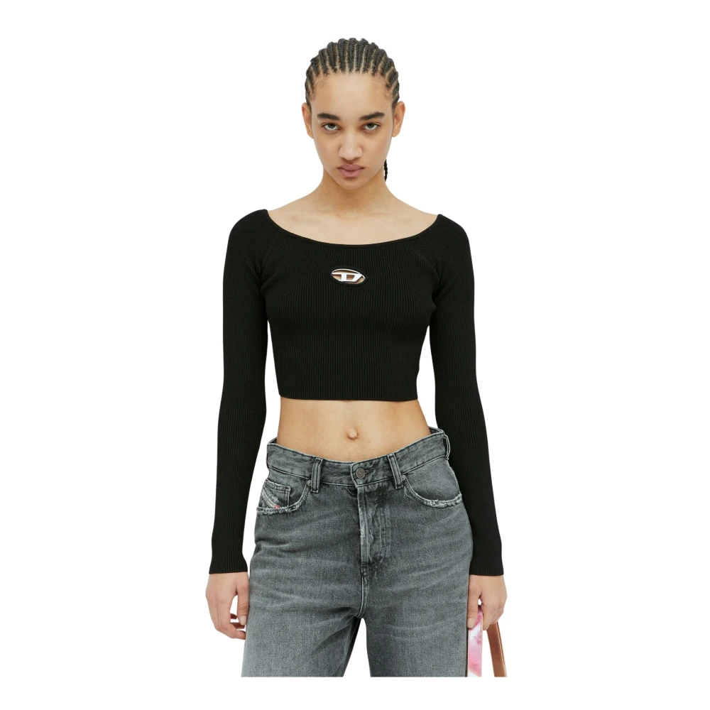 Diesel Ribgebreide Crop Top met Logo Black Dames