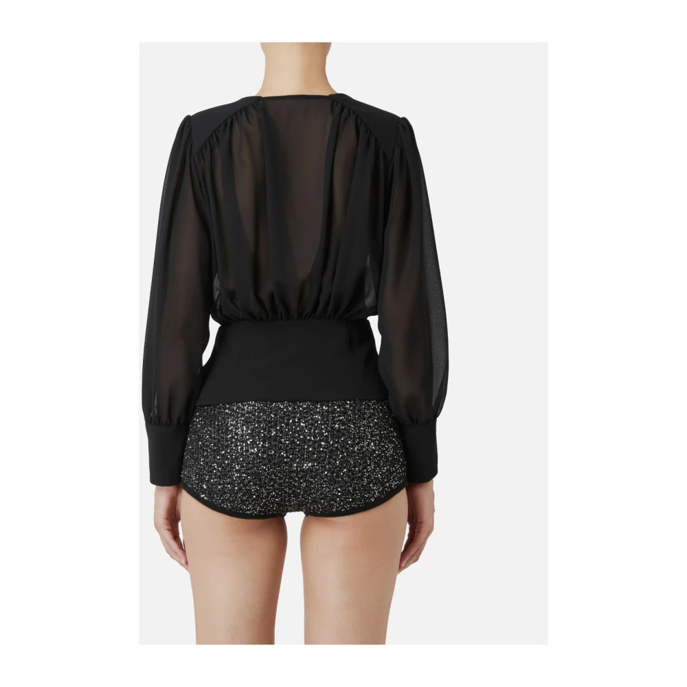 Elisabetta Franchi Georgette blouse met basque en lange mouwen Black Dames