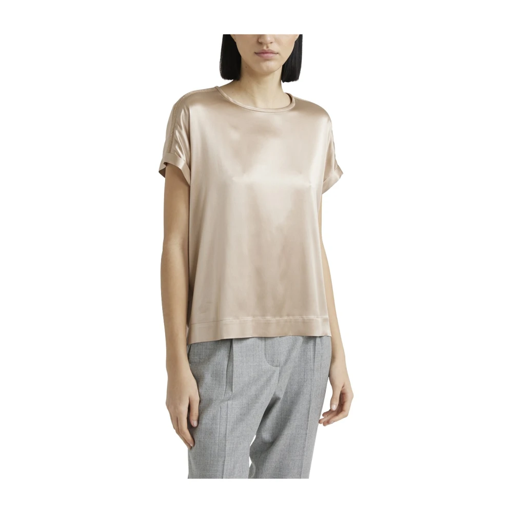 PESERICO Zijden satijnen T-shirt met Punto Luce afwerking Brown Dames