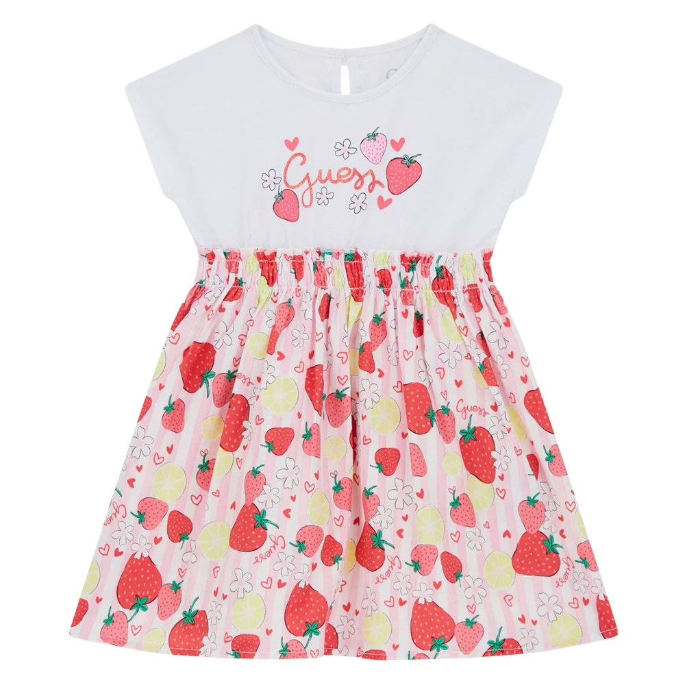 Guess Girls Pink Mixed Fabric Strawberry Dress - Dresses - 5 Y - Kids
