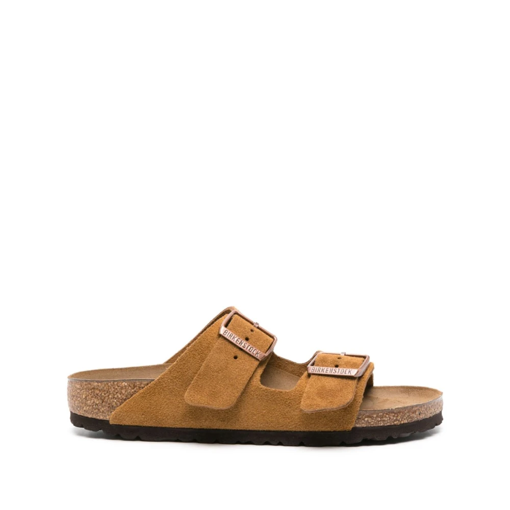 Birkenstock Brun Mocka Platta Sandaler Beige, Dam