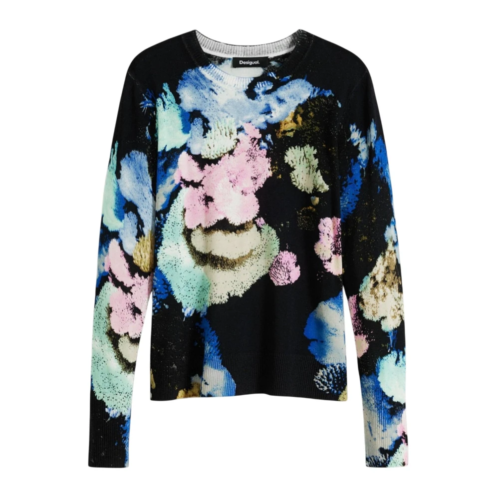 Desigual Kvinno Blå Stickade Tröjor Dam, Xs, Linne, Abstrakt Tryck Damtröja