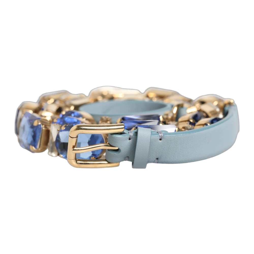 Dolce & Gabbana Blue Leather Crystal Chain Embellished Belt - 70 cm / 28 Inches - Image 2