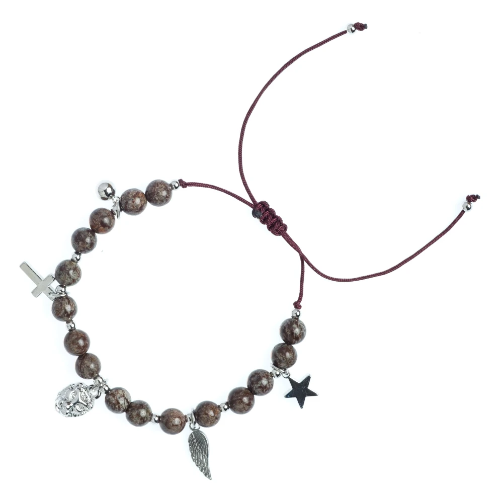 Stone Bead Bracelet 6 MM W/Charms - Chocolate Brown W/Silver