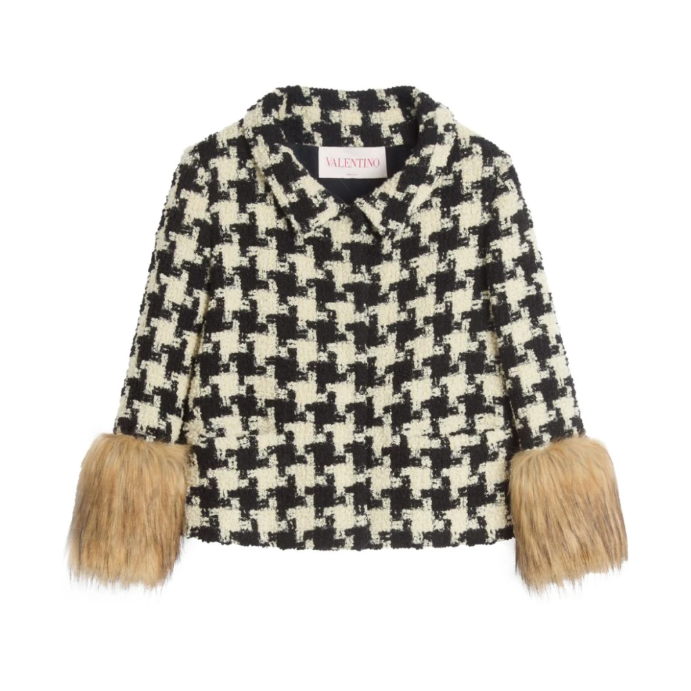 Valentino Geruit Patroon Wollen Zijden Jas Beige Dames