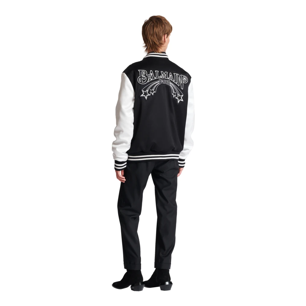 Balmain Satijnen Varsity Jas met Geborduurde Badges Black Heren