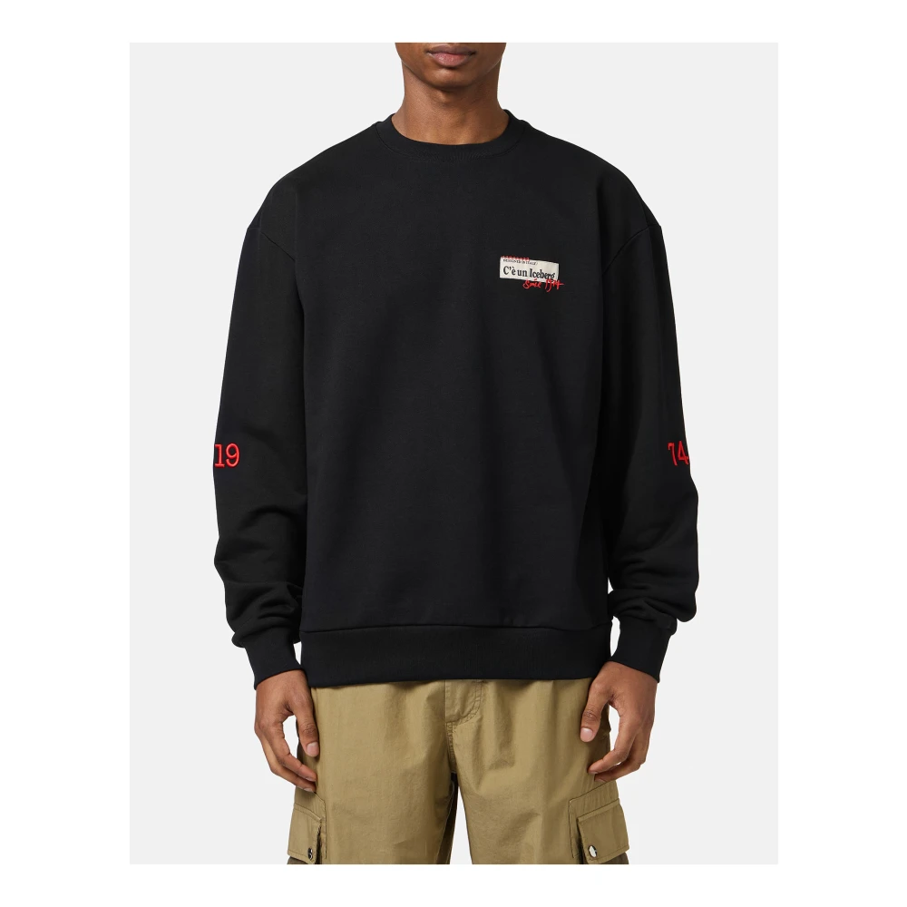 Iceberg Regular fit zwart crew neck sweatshirt van katoen fleece Black Heren