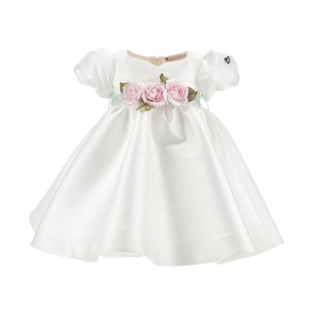Monnalisa Girls White Dresses, 9 M, Bow-Detail Floral-Appliqué Dress