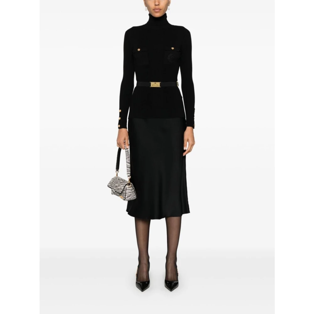Elisabetta Franchi Zwarte Ribgebreide Trui met Hoge Kraag Black Dames