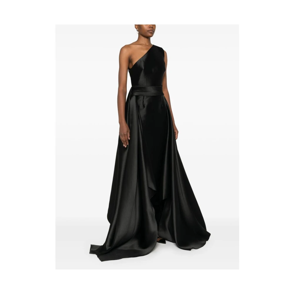Solace London Zwarte Satijnen One-Shoulder Jurk met Ceintuur Black Dames