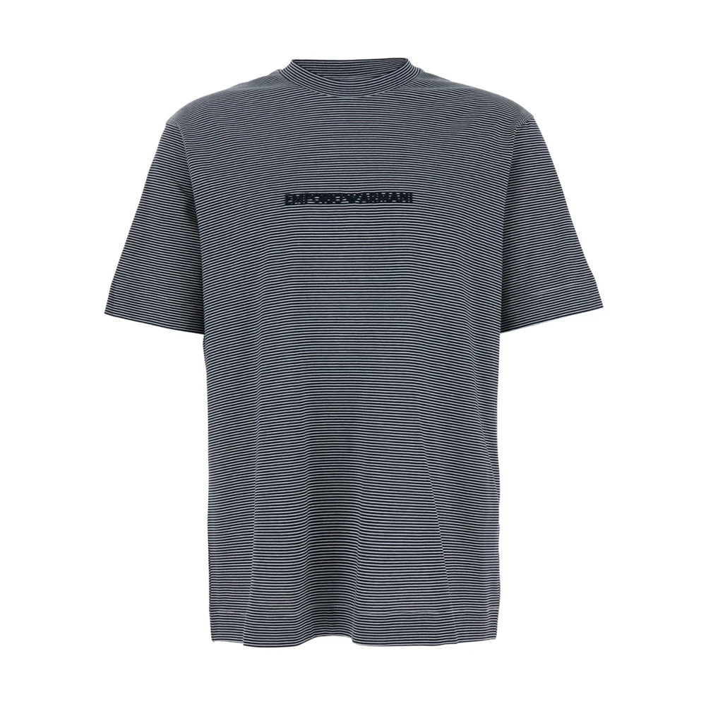 Emporio Armani Blauw Logo Geborduurd Gestreept T-Shirt Blue Heren