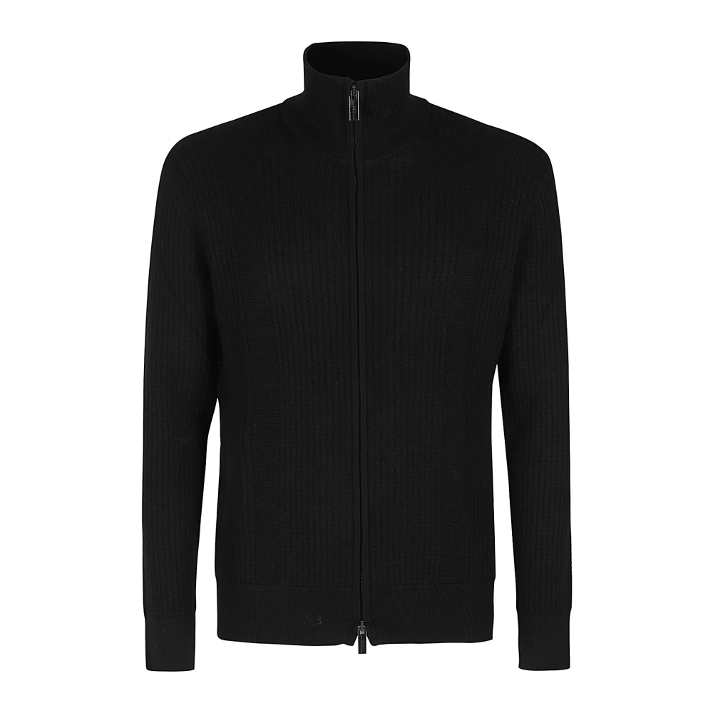 Paolo Pecora Men's Black Cardigans, M, Merino Wool Checkered Zip Jumper